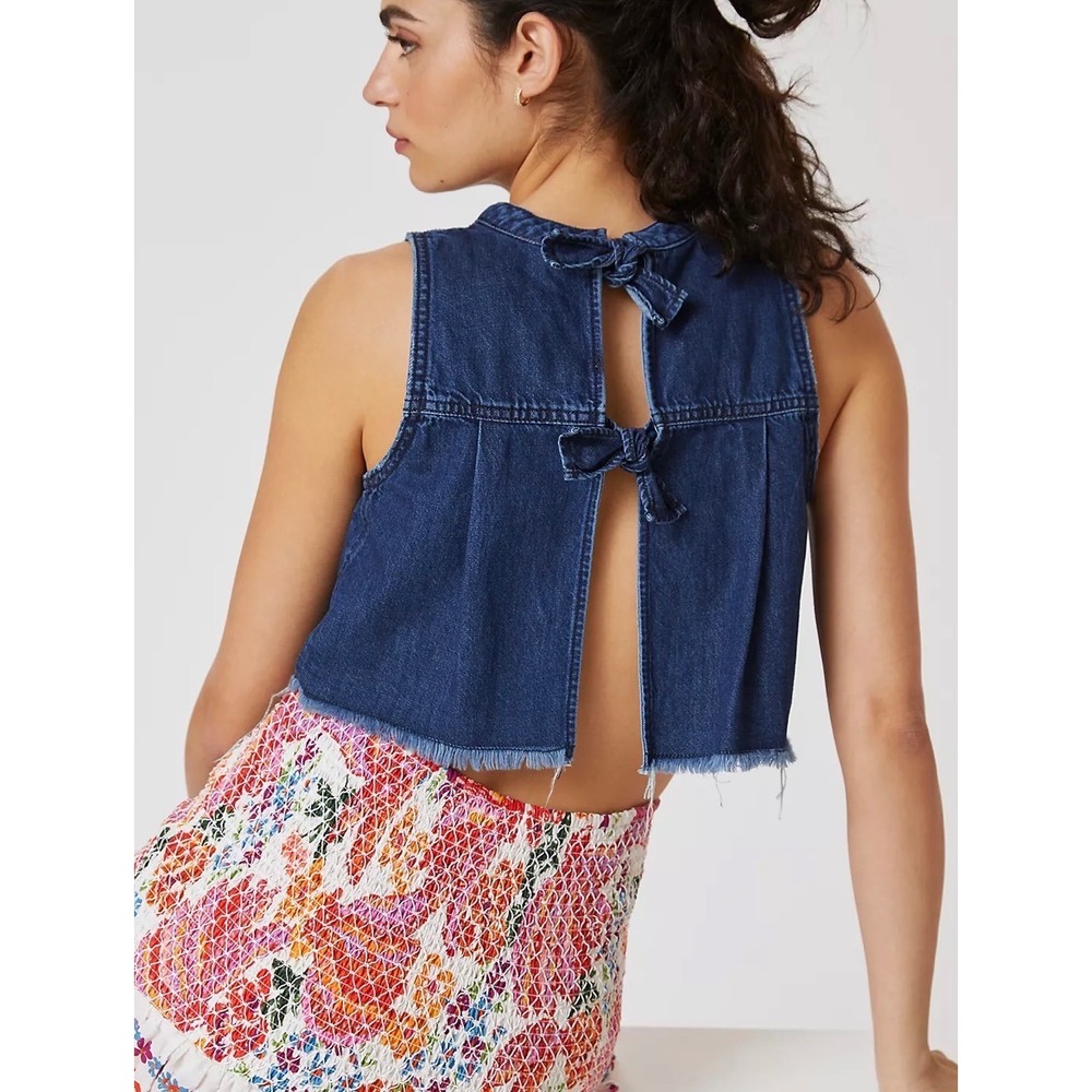 Pilcro Sleeveless Denim Cropped Tank Top Blue Medium Wash Bow Back XS